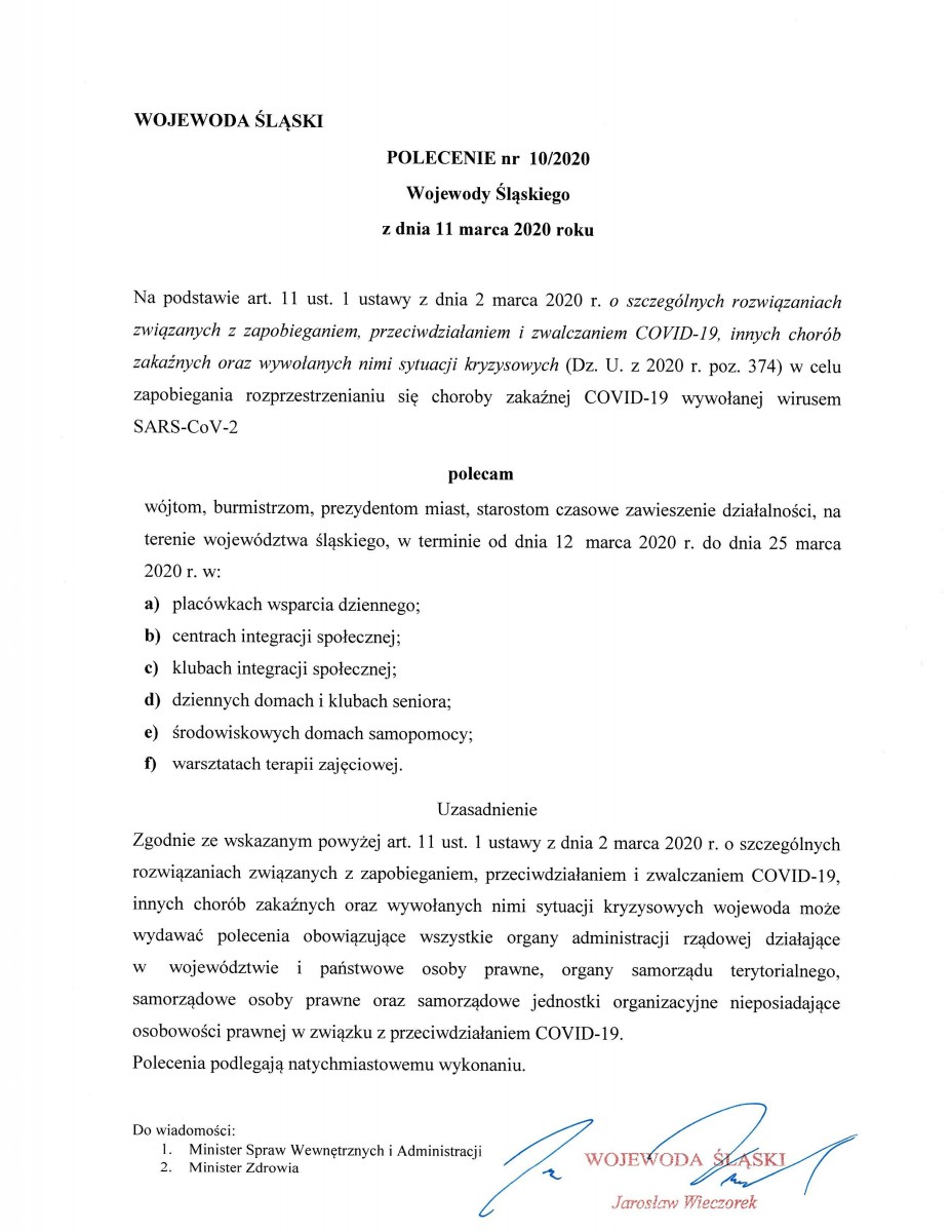 Polecenie Wojewody Śląskiego z dnia 11 marca 2020 roku o czasowe zawieszenie działalności