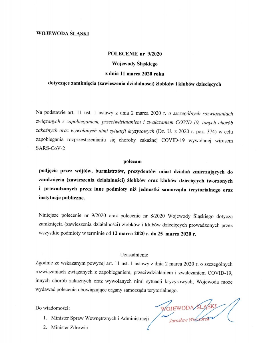 Polecenie Wojewody Śląskiego z dnia 11 marca 2020 roku dotyczące zamknięcia żłobków i klubów malucha